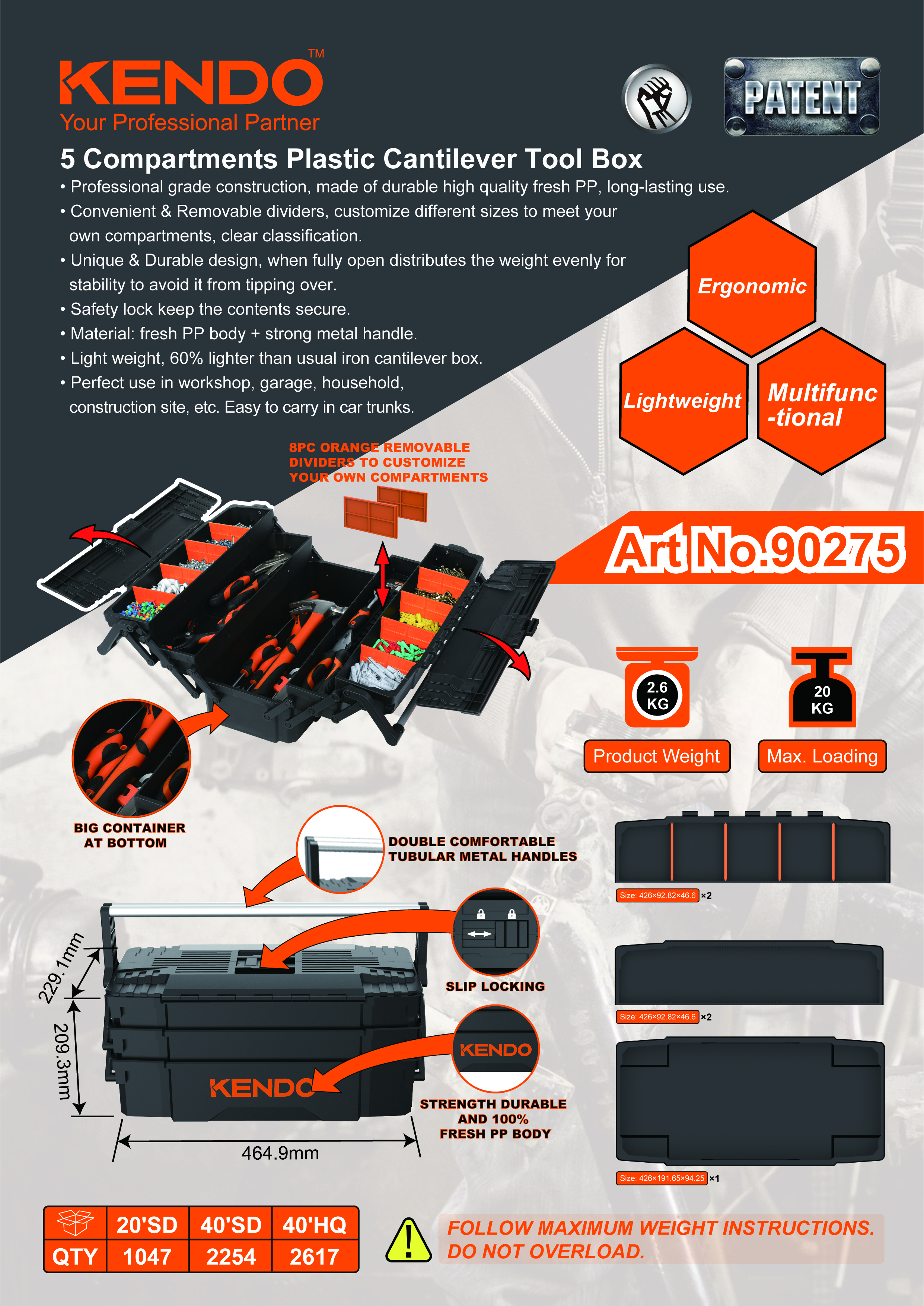 Каковы свойства материала 5-секционного консольного пластикового ящика для инструментов?